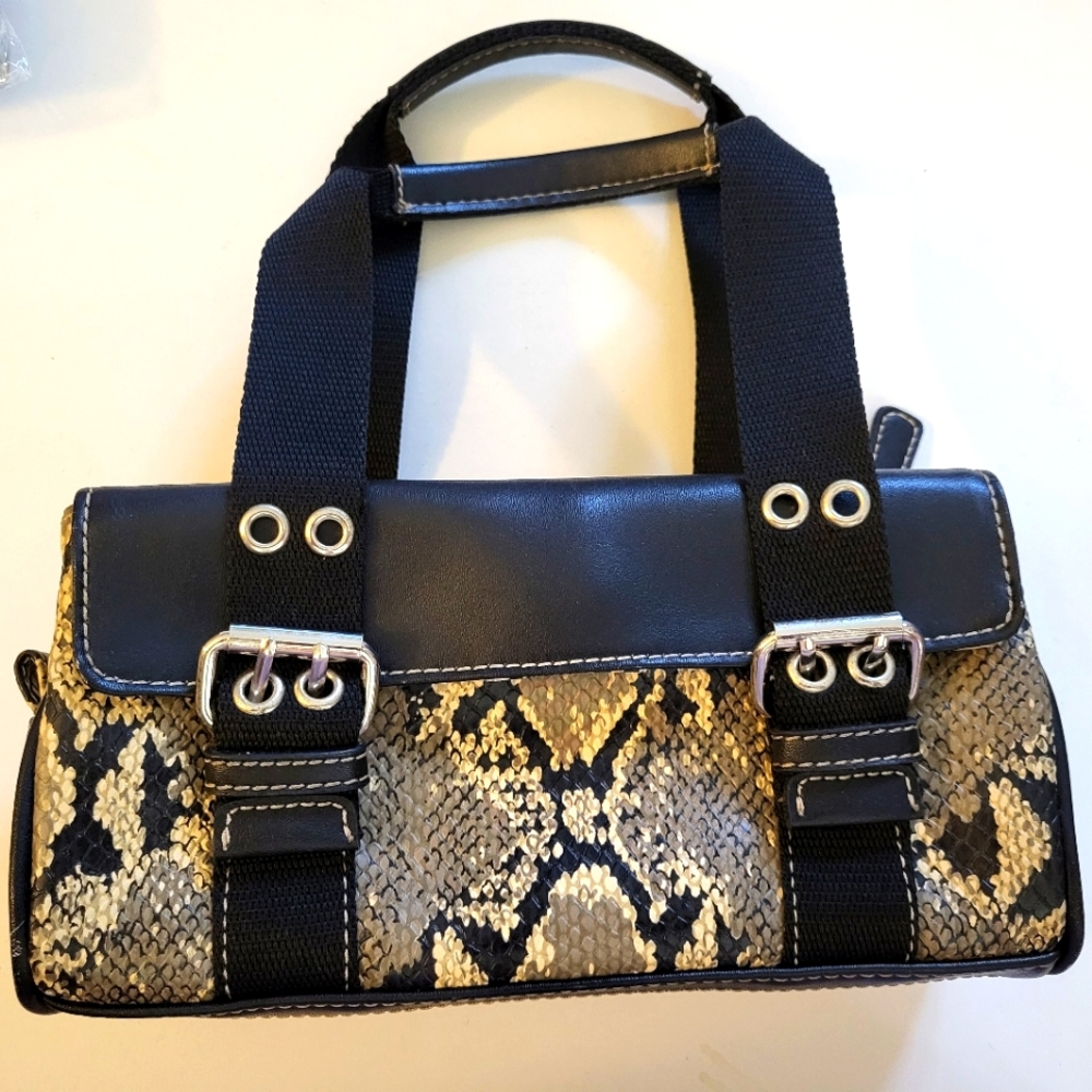 Nine West Black and Gold Snake-Print Satchel